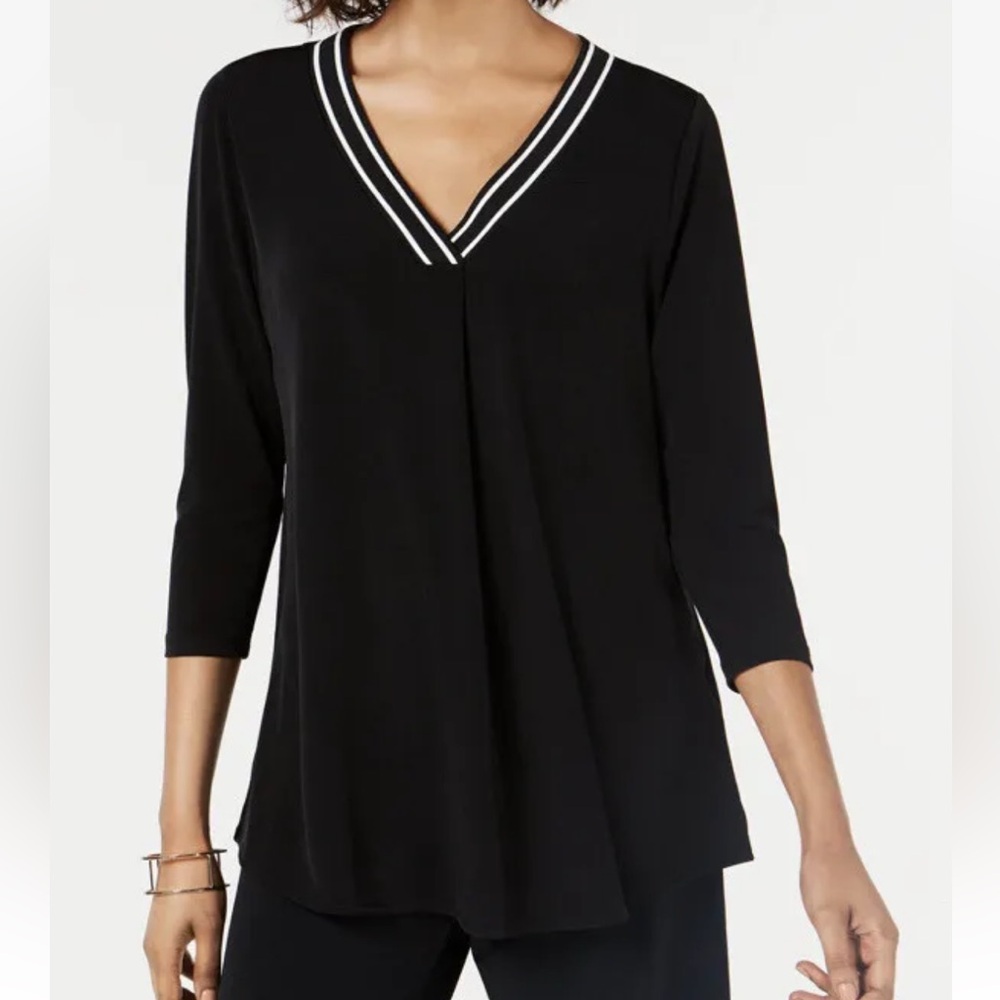 Alfani Womens Varsity Stripe Trim V Neck Top Size Medium Black White 3/4 Sleeves